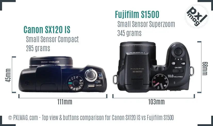 Canon SX120 IS vs Fujifilm S1500 top view buttons comparison