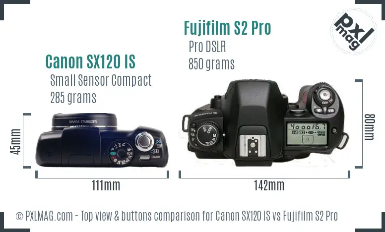 Canon SX120 IS vs Fujifilm S2 Pro top view buttons comparison