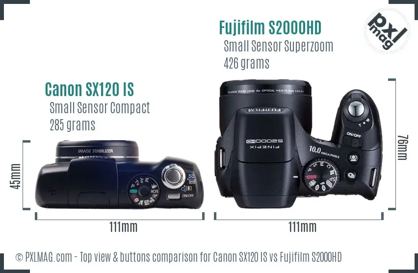 Canon SX120 IS vs Fujifilm S2000HD top view buttons comparison Canon SX120 IS vs Fujifilm S2000HD top view buttons comparison