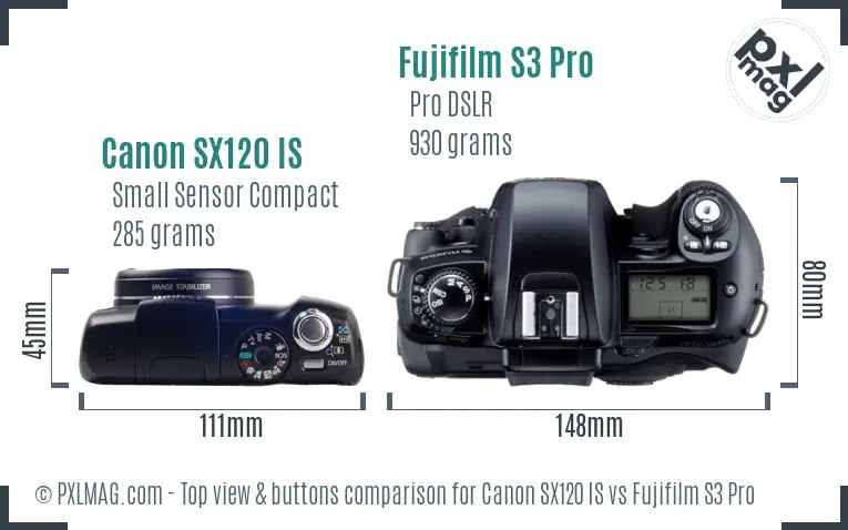 Canon SX120 IS vs Fujifilm S3 Pro top view buttons comparison