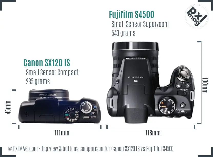 Canon SX120 IS vs Fujifilm S4500 top view buttons comparison Canon SX120 IS vs Fujifilm S4500 top view buttons comparison