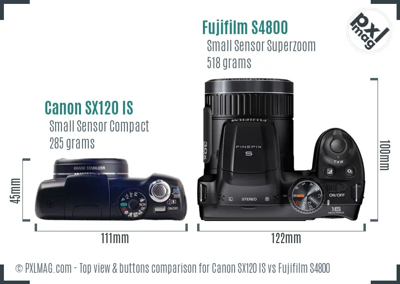 Canon SX120 IS vs Fujifilm S4800 top view buttons comparison