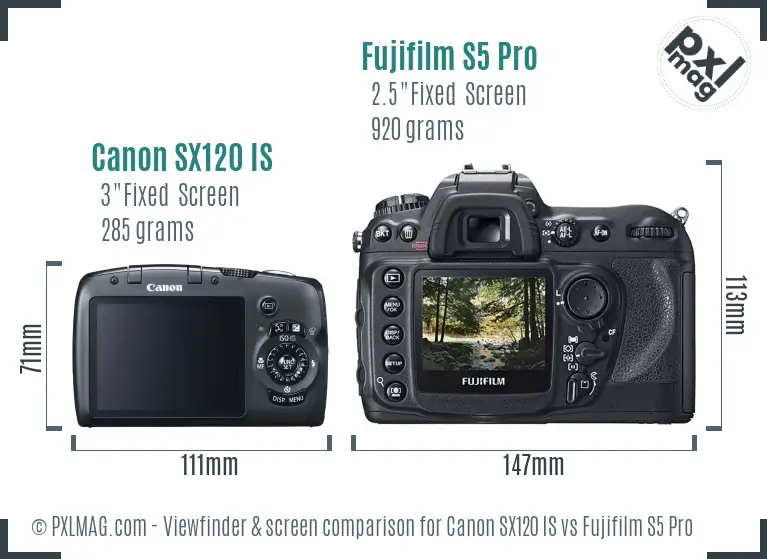 Canon SX120 IS vs Fujifilm S5 Pro Screen and Viewfinder comparison