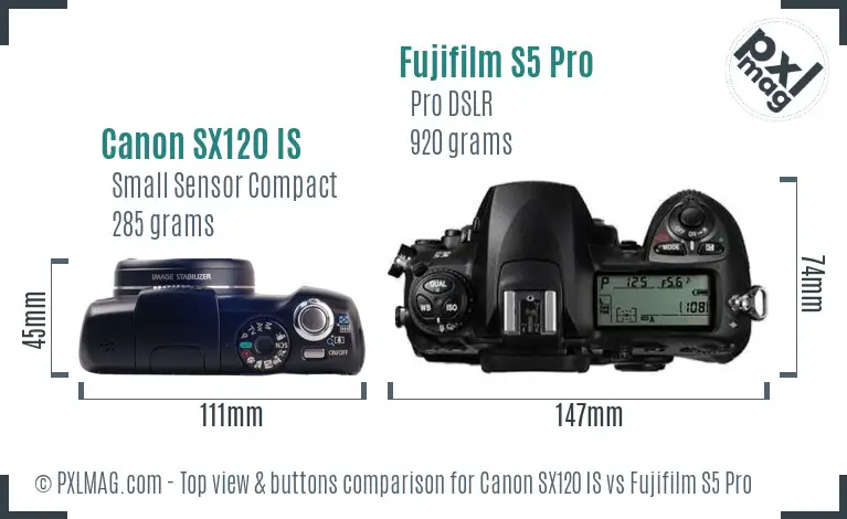 Canon SX120 IS vs Fujifilm S5 Pro top view buttons comparison