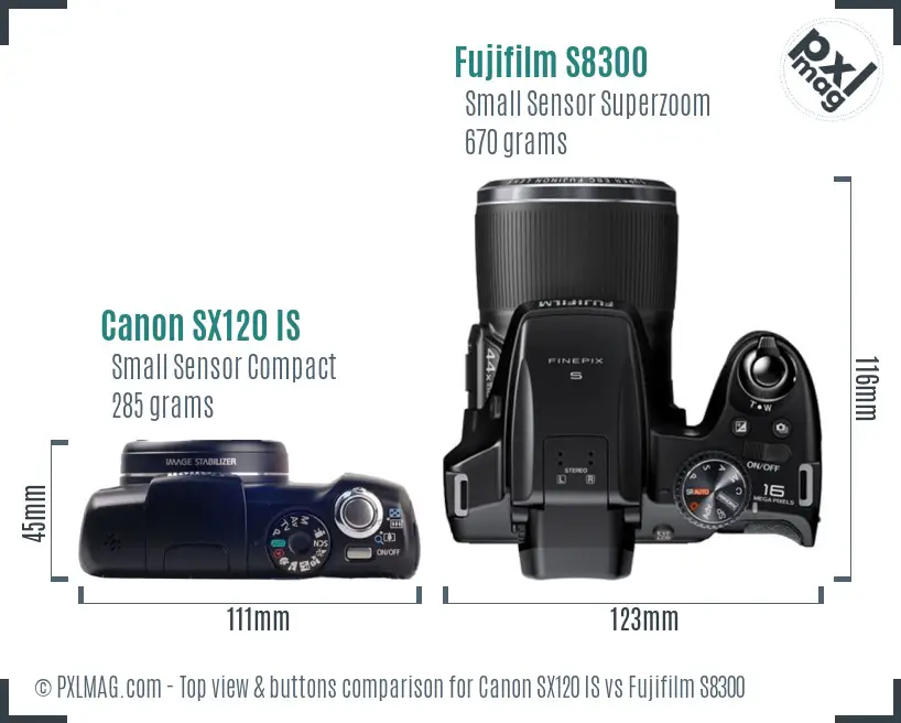 Canon SX120 IS vs Fujifilm S8300 top view buttons comparison