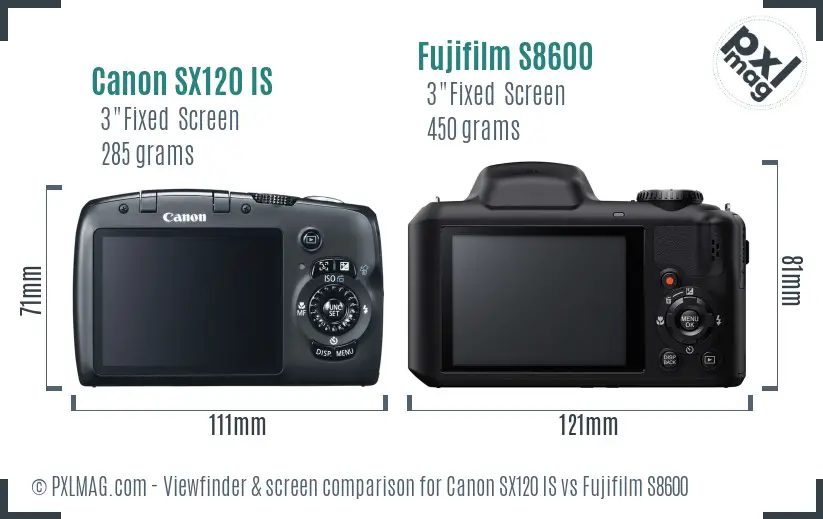 Canon SX120 IS vs Fujifilm S8600 Screen and Viewfinder comparison