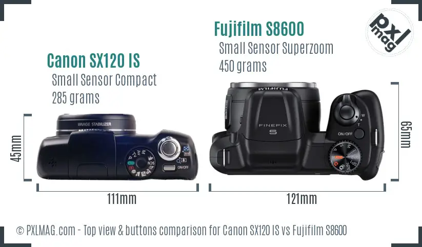 Canon SX120 IS vs Fujifilm S8600 top view buttons comparison