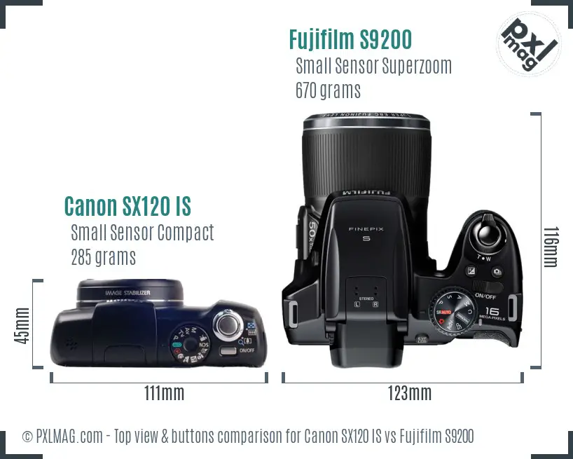 Canon SX120 IS vs Fujifilm S9200 top view buttons comparison