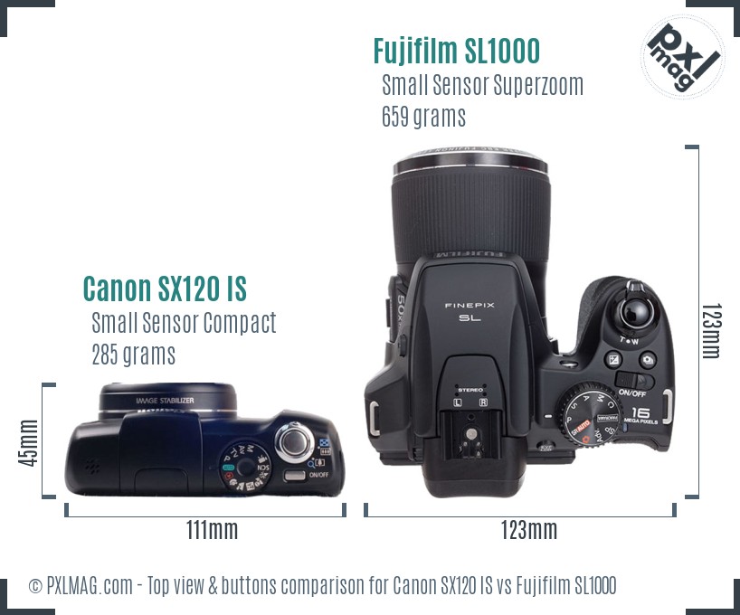 Canon SX120 IS vs Fujifilm SL1000 top view buttons comparison