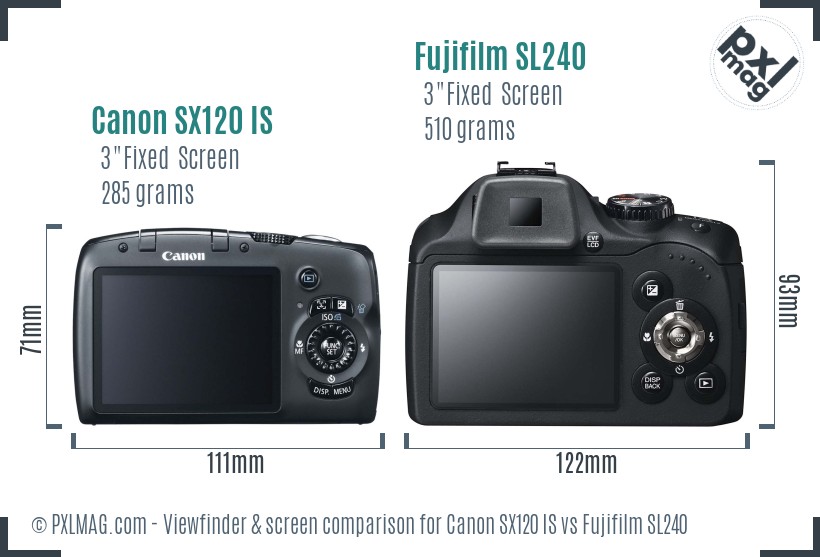 Canon SX120 IS vs Fujifilm SL240 Screen and Viewfinder comparison