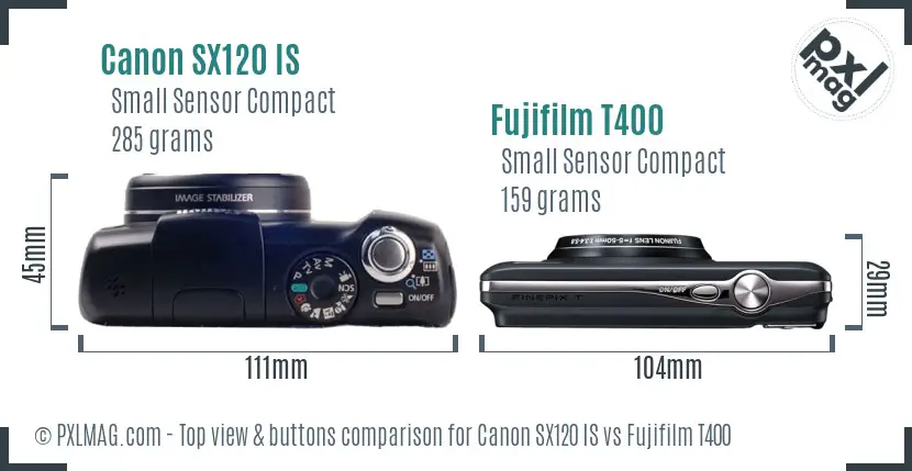 Canon SX120 IS vs Fujifilm T400 top view buttons comparison