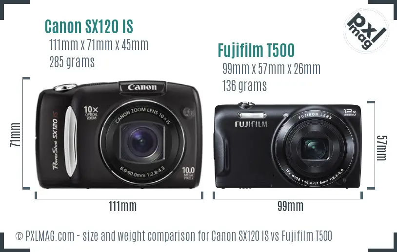 Canon SX120 IS vs Fujifilm T500 size comparison