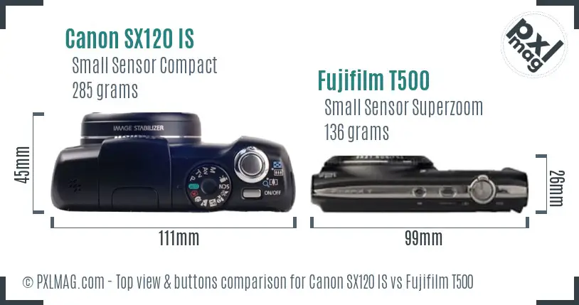 Canon SX120 IS vs Fujifilm T500 top view buttons comparison