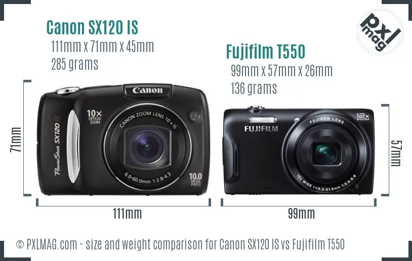 Canon SX120 IS vs Fujifilm T550 size comparison