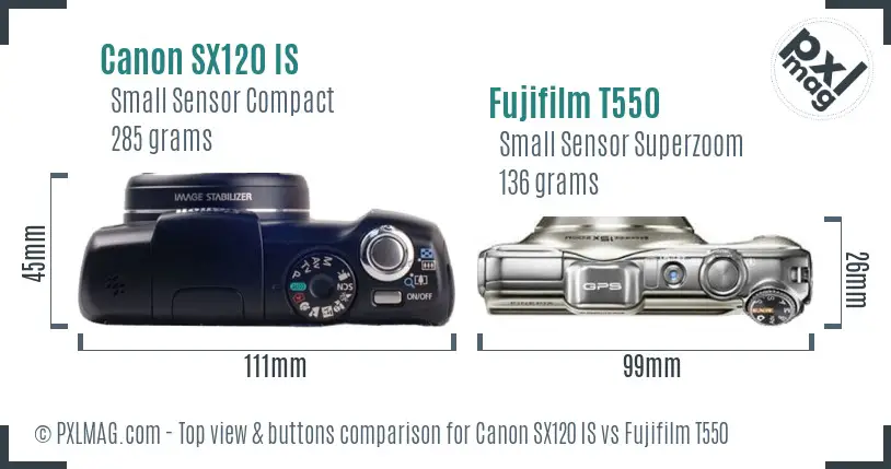 Canon SX120 IS vs Fujifilm T550 top view buttons comparison