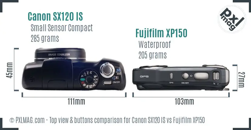 Canon SX120 IS vs Fujifilm XP150 top view buttons comparison Canon SX120 IS vs Fujifilm XP150 top view buttons comparison