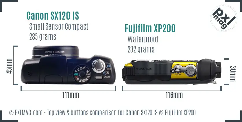 Canon SX120 IS vs Fujifilm XP200 top view buttons comparison Canon SX120 IS vs Fujifilm XP200 top view buttons comparison