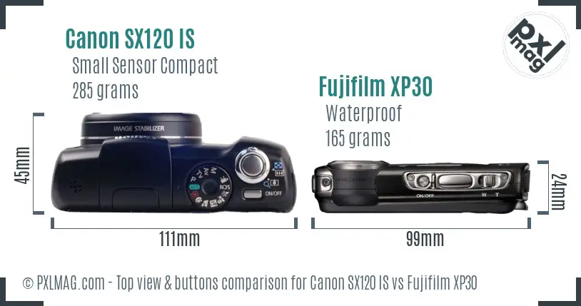 Canon SX120 IS vs Fujifilm XP30 top view buttons comparison