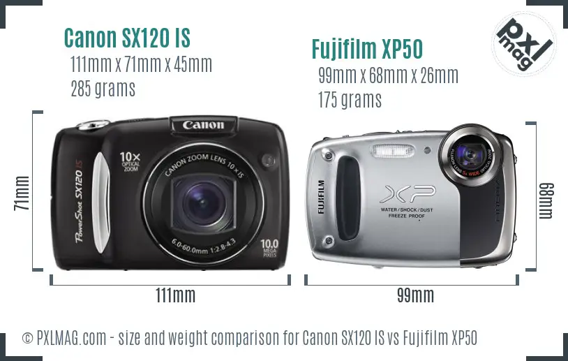 Canon SX120 IS vs Fujifilm XP50 size comparison