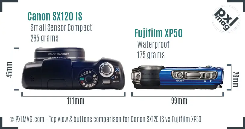 Canon SX120 IS vs Fujifilm XP50 top view buttons comparison