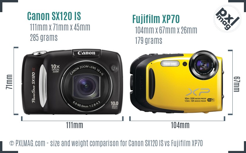 Canon SX120 IS vs Fujifilm XP70 size comparison
