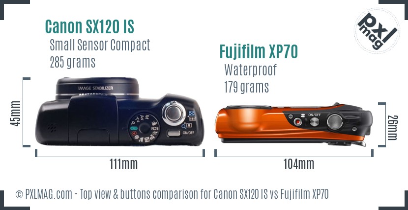 Canon SX120 IS vs Fujifilm XP70 top view buttons comparison