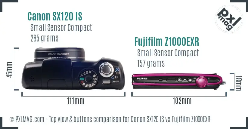 Canon SX120 IS vs Fujifilm Z1000EXR top view buttons comparison Canon SX120 IS vs Fujifilm Z1000EXR top view buttons comparison