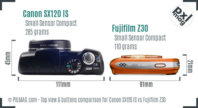 Canon SX120 IS vs Fujifilm Z30 top view buttons comparison Canon SX120 IS vs Fujifilm Z30 top view buttons comparison