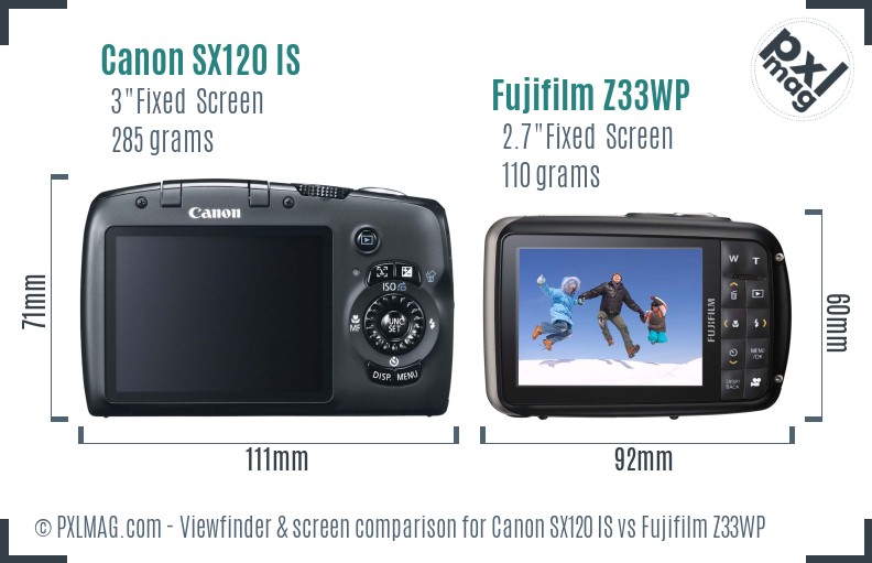 Canon SX120 IS vs Fujifilm Z33WP Screen and Viewfinder comparison