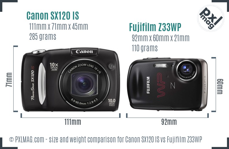 Canon SX120 IS vs Fujifilm Z33WP size comparison