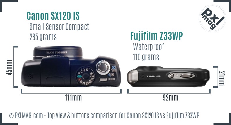 Canon SX120 IS vs Fujifilm Z33WP top view buttons comparison