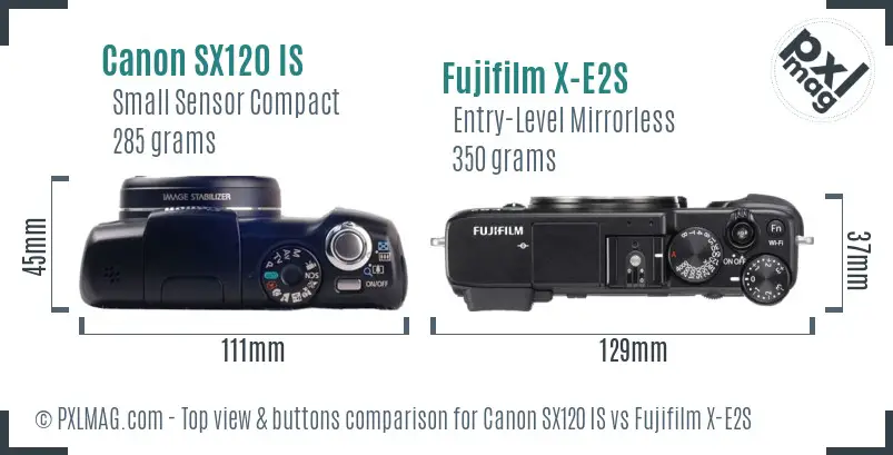 Canon SX120 IS vs Fujifilm X-E2S top view buttons comparison