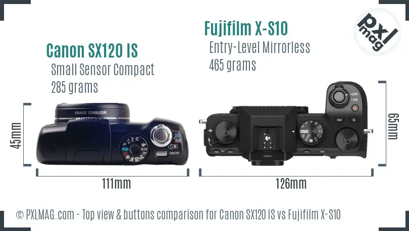 Canon SX120 IS vs Fujifilm X-S10 top view buttons comparison Canon SX120 IS vs Fujifilm X-S10 top view buttons comparison