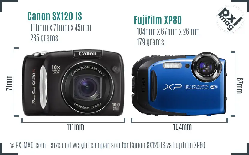 Canon SX120 IS vs Fujifilm XP80 size comparison