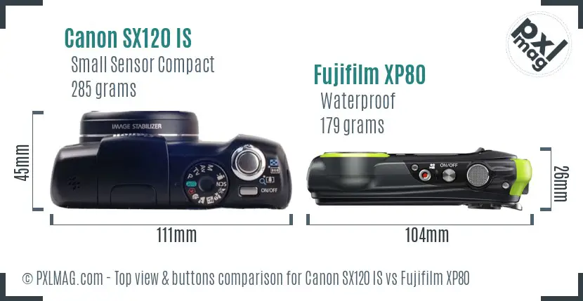 Canon SX120 IS vs Fujifilm XP80 top view buttons comparison