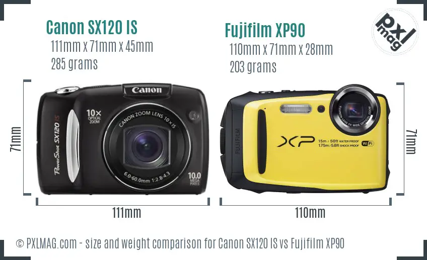 Canon SX120 IS vs Fujifilm XP90 size comparison Canon SX120 IS vs Fujifilm XP90 size comparison