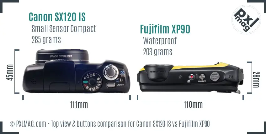 Canon SX120 IS vs Fujifilm XP90 top view buttons comparison Canon SX120 IS vs Fujifilm XP90 top view buttons comparison