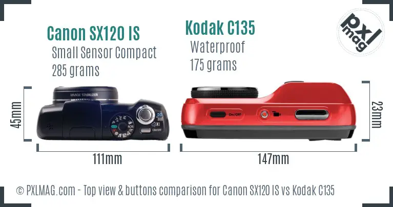 Canon SX120 IS vs Kodak C135 top view buttons comparison