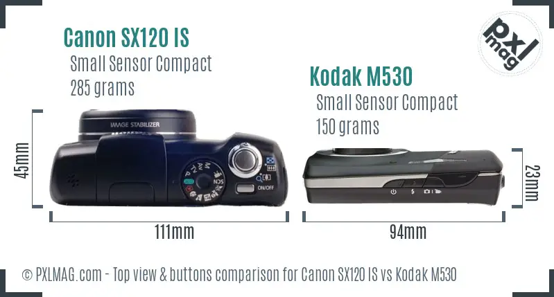 Canon SX120 IS vs Kodak M530 top view buttons comparison
