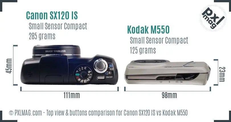 Canon SX120 IS vs Kodak M550 top view buttons comparison