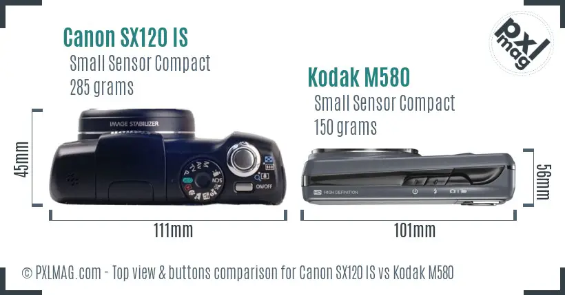 Canon SX120 IS vs Kodak M580 top view buttons comparison