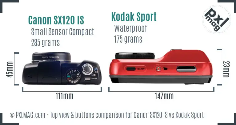 Canon SX120 IS vs Kodak Sport top view buttons comparison