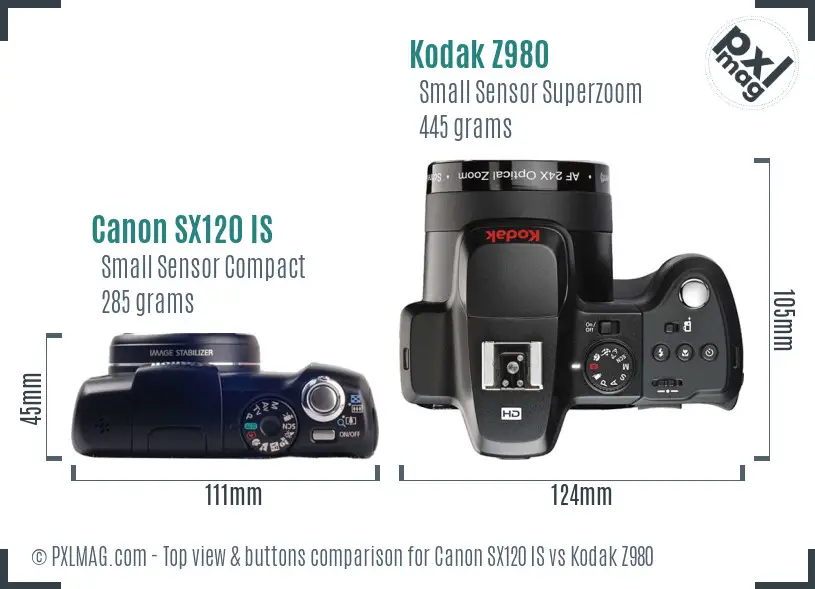 Canon SX120 IS vs Kodak Z980 top view buttons comparison Canon SX120 IS vs Kodak Z980 top view buttons comparison