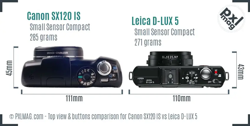 Canon SX120 IS vs Leica D-LUX 5 top view buttons comparison Canon SX120 IS vs Leica D-LUX 5 top view buttons comparison