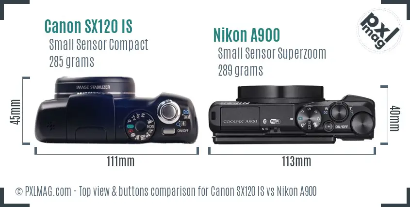 Canon SX120 IS vs Nikon A900 top view buttons comparison