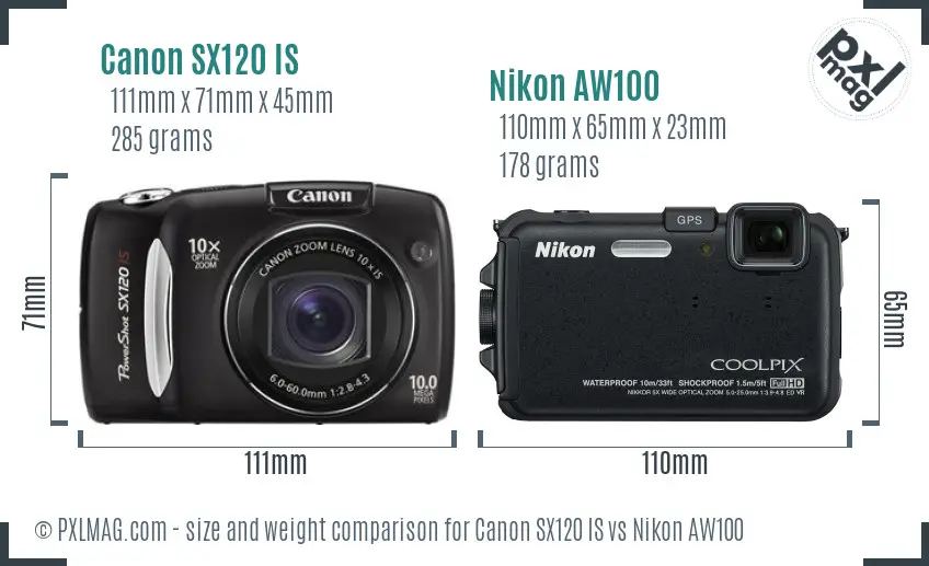 Canon SX120 IS vs Nikon AW100 size comparison Canon SX120 IS vs Nikon AW100 size comparison