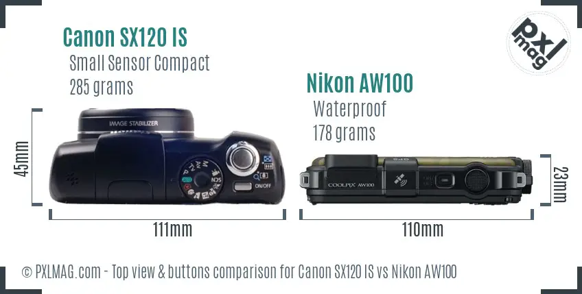 Canon SX120 IS vs Nikon AW100 top view buttons comparison Canon SX120 IS vs Nikon AW100 top view buttons comparison