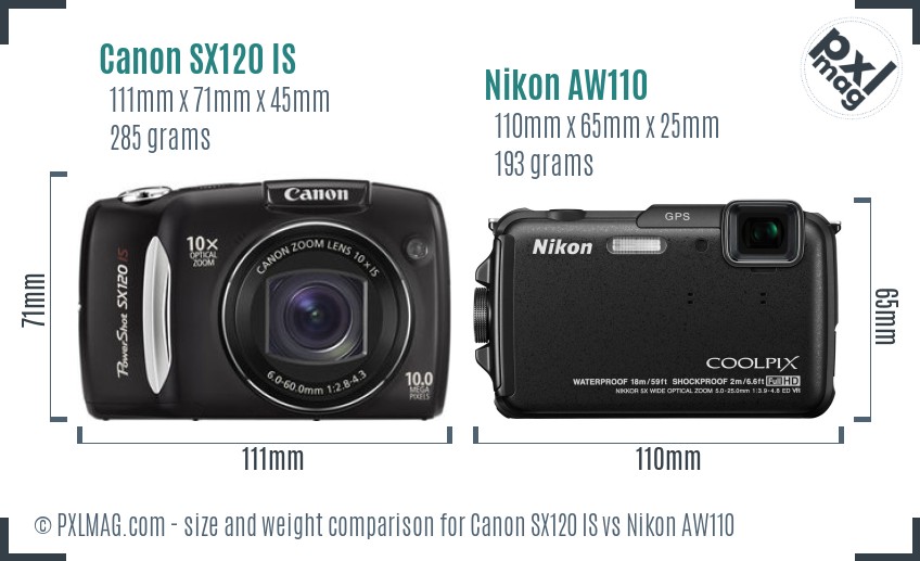 Canon SX120 IS vs Nikon AW110 size comparison