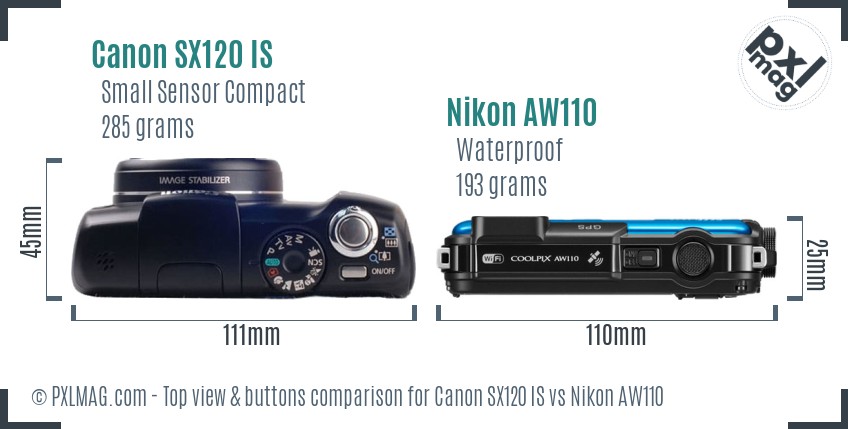 Canon SX120 IS vs Nikon AW110 top view buttons comparison