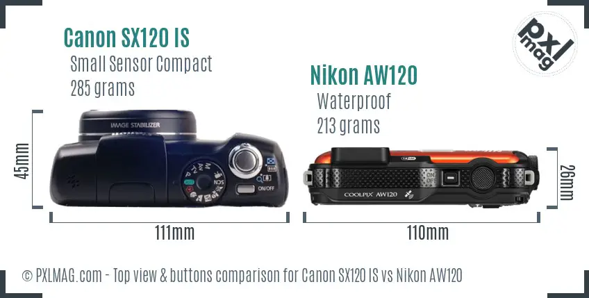 Canon SX120 IS vs Nikon AW120 top view buttons comparison